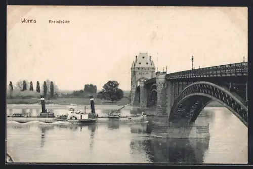 AK Worms, Rheinbrücke mit Dampfern