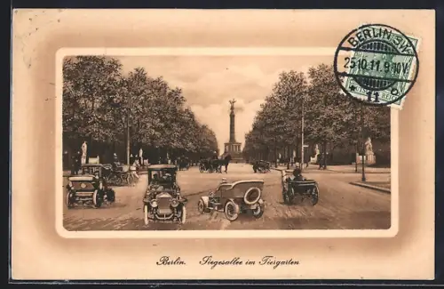 AK Berlin, Siegesallee im Tiergarten mit Autos und Kutschen