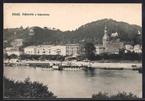AK Schandau /Sächs. Schweiz, Flusspartie mit Dampfer