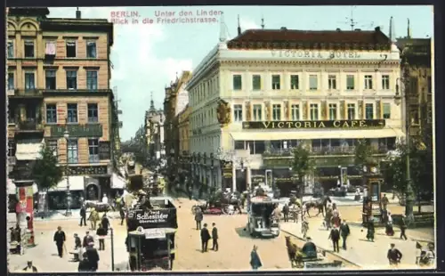 AK Berlin, Unter den Linden, Blick in die Friedrichstrasse, Victoria-Café