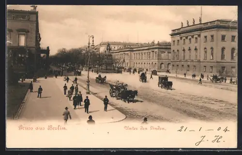 AK Berlin, Unter den Linden mit Denkmal und Kutschen