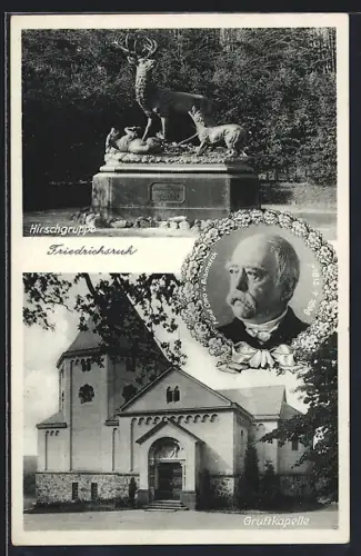 AK Friedrichsruh, Hirschgruppe, Gruftkapelle, Portrait Fürst Otto v. Bismarck