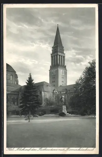 AK Kiel, Rathausturm mit Bismarckdenkmal