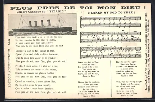 AK Passagierschiff Titanic mit Noten und Liedtext Nearer my God to thee auf Englisch und Französisch