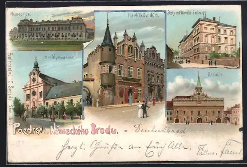 Lithographie Nem. Brod, CK Gymnasium, Radnice, Strassenpartie