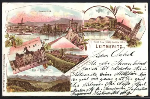 Lithographie Leitmeritz / Litomerice, Altes Salzamt oder Kelchhaus, Elbschlossbrauerei, Dom
