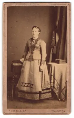 Fotografie F. Herzing & Cie, Traunstein, Scheicherkellerstrasse, Dame im eleganten Kleid