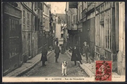 AK Auxerre, Rue de Fécauderie avec passants et un chien en premier plan