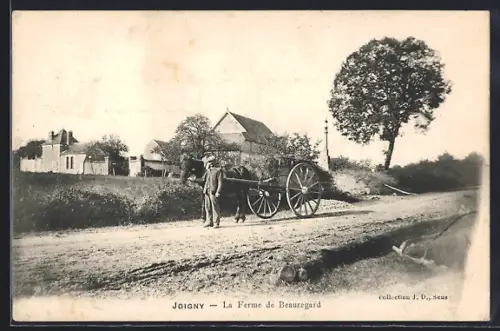 AK Joigny, La Ferme de Beauregard avec homme et chariot sur le chemin