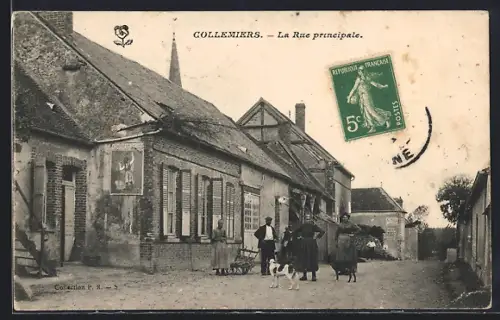 AK Collemiers, La Rue principale avec habitants et chien