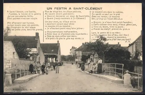 AK Saint-Clément, Scène animée avec villageois et pont devant le festin décrit en vers