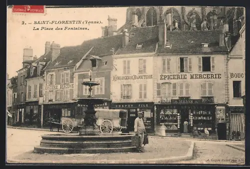 AK Saint-Florentin /Yonne, La Place des Fontaines avec magasins et fontaine au centre