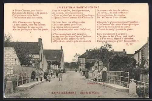 AK Saint-Clément, Rue de la Mairie avec habitants et poème humoristique
