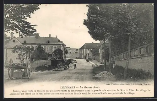 AK Lézinnes, La Grande Route avec charrette et maisons du village