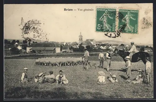 AK Brion, Vue générale avec troupeau de moutons et villageois dans un champ