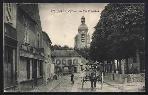 AK Villeblevin /Yonne, Rue Principale avec charrette et clocher en arrière-plan