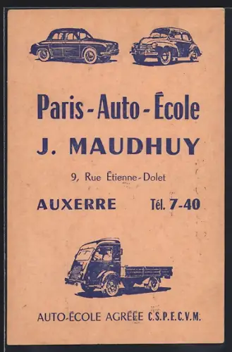 AK Auxerre, Publicité pour Paris-Auto-École J. Maudhuy avec illustrations de véhicules anciens