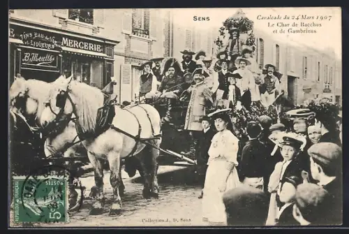 AK Sens, Le Char de Bacchus et de Gambrinus lors du Carnaval du 24 mars 1907