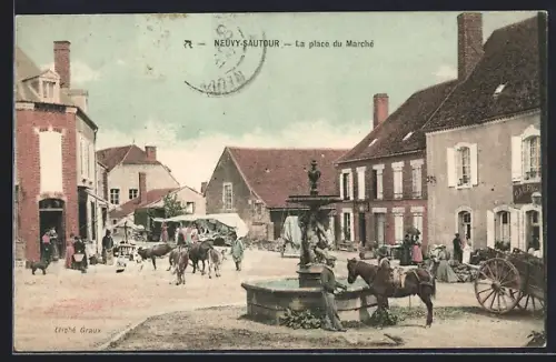 AK Neuvy-Sautour, La place du Marché avec fontaine et villageois