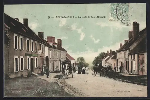 AK Neuvy-Sautour, La route de Saint-Florentin avec charrettes et passants