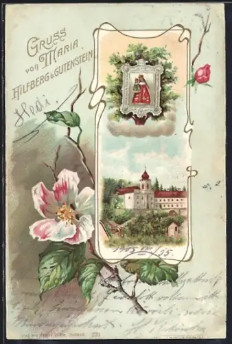 Lithographie Maria Hilfberg b. Gutenstein, Kirche, Gnadenbild, Blühende Rosen