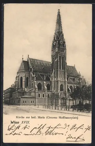 AK Wien, Kirche zur heil. Maria, Clemens Hoffbauerplatz, Ansicht mit Strasse