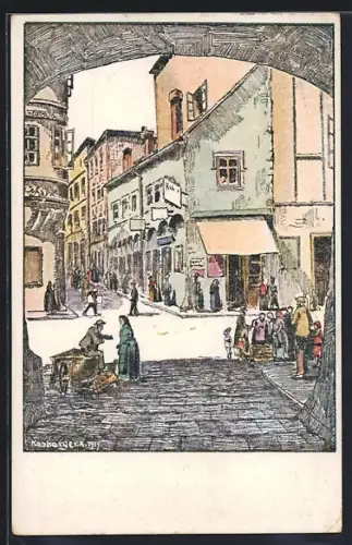 Künstler-AK Wels, Schmiedgasse, Strassenkreuzung, durch ein Tor gesehen