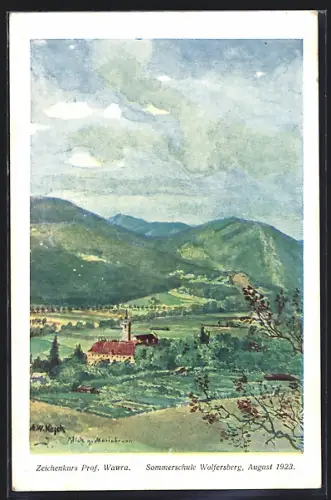 Künstler-AK Mariabrunn, Blick gegen Mariabrunn, Zeichenkurs Prof. Wawra, Sommerschule Wolfersberg 1923