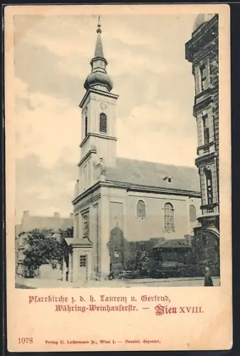 AK Wien, Pfarrkirche z. d. h. Laurenz & Gertrud, Währing-Weinhauserstrasse