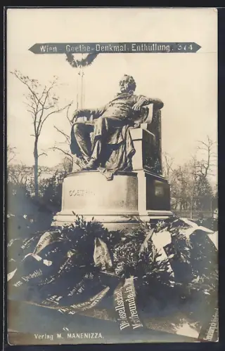 AK Wien, Goethe-Denkmal mit Kränzen, Enthüllung