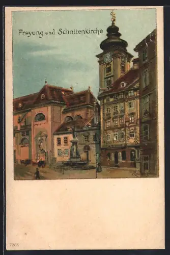 Künstler-AK Wien, Blick auf Freyung und Schottenkirche