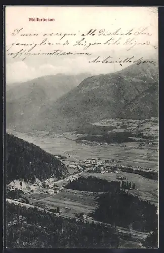 AK Möllbrücken, Gesamtansicht mit Bergpanorama aus der Vogelschau