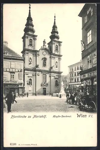AK Wien, Pfarrkirche zu Mariahilf mit Haydn-Denkmal u. Geschäften
