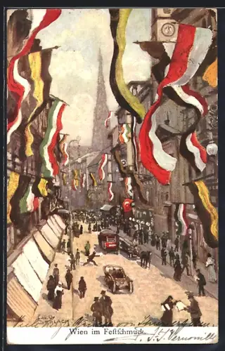 Künstler-AK Wien, Strassenzug geschmückt mit Fahnen Ungarn, Österreich & Deutsches Reich, Blick zum Stephansdom