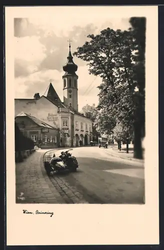 Foto-AK Wien XIX, Grinzing, Strassenpartie mit Bäckerei Josef Berger, Motorrad mit Beiwagen