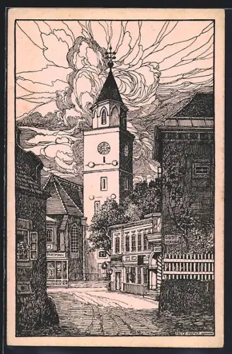 Künstler-AK St. Andrä-Wördern, St. Andrä, Strassenpartie mit Blick zur Kirche