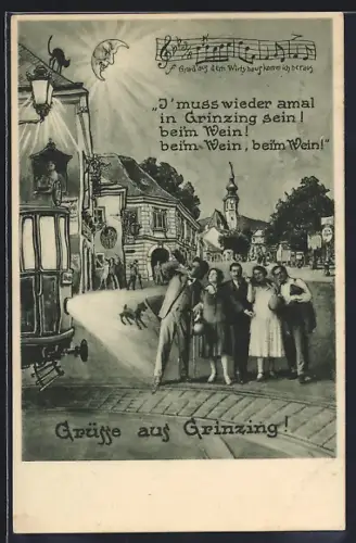 AK Wien-Grinzing, betrunkene Besucher sehen den Ort nur noch verschwommen, Strassenbahn