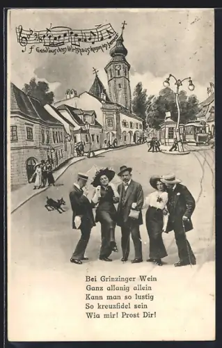 AK Wien, Grinzing, Strassenpartie aus der Sicht von Betrunkenen, Lustige Gruppe, Gedicht, Notenzeile
