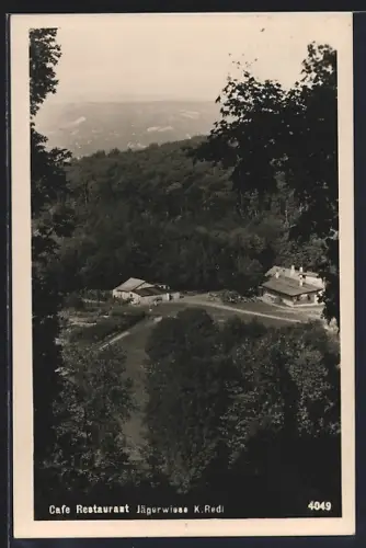AK Wien, Cafe-Restaurant Jägerwiese K. Redl mit Umgebung aus der Vogelschau