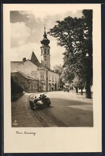 Foto-AK Wien XIX, Grinzing, Strassenpartie mit Bäckerei Josef Berger, Motorrad mit Beiwagen