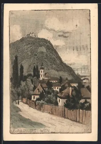 Künstler-AK Wien, Leopoldsberg, Ortsansicht mit Strasse u. Kirche