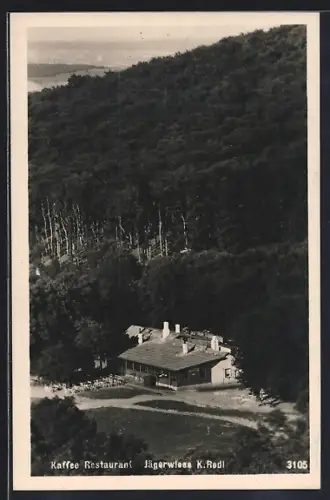 AK Wien, Kaffee-Restauraant Jägerwiese K. Redl mit Garten u. Umgebung aus der Vogelschau