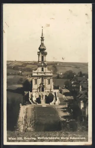 AK Wien, Grinzing, Wallfahrtskirche Maria Schmerzen mit Anlage aus der Vogelschau