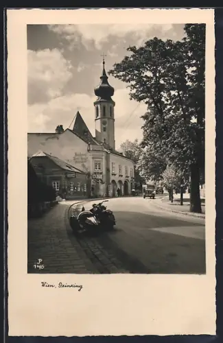 AK Wien, Grinzing mit Motorrad samt Beiwagen und Bäckerei Josef Berger