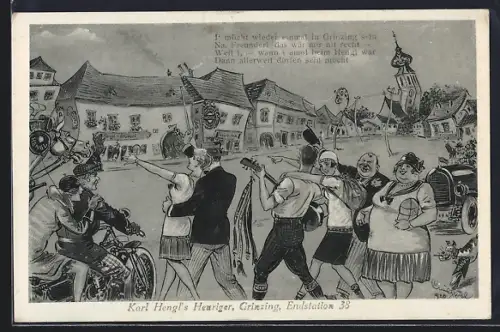 Künstler-AK Wien-Grinzing, Gasthaus Hengl-Stüberl aus der Sicht eines Betrunkenen, Motorrad