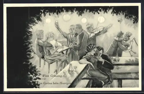 Künstler-AK Wien, Im Garten beim Heurigen in Grinzing