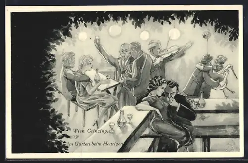 Künstler-AK Wien, Im Garten beim Heurigen in Grinzing
