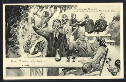 Künstler-AK Wien, Beim Heurigen in Grinzing
