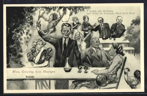 Künstler-AK Wien, Beim Heurigen in Grinzing