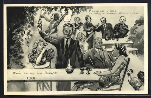Künstler-AK Wien, Beim Heurigen in Grinzing